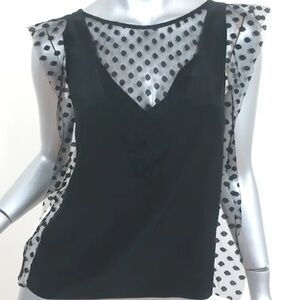 SANDRO Paris Silk Colorblock Polka Dot Black & White Cap Sleeve Blouse Medium